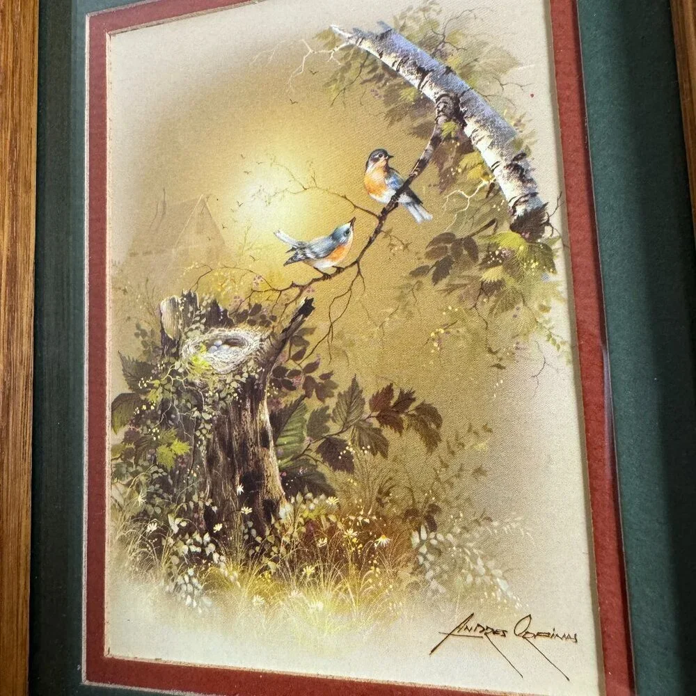 Vintage Artist Andres Orpinas Art Print Birds Wood frame